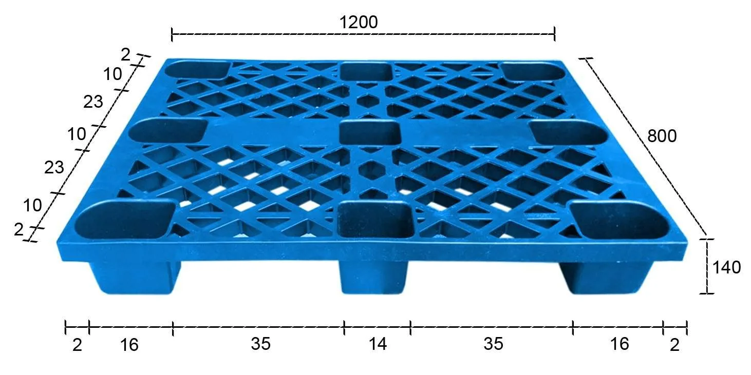 Dimension drawing of a 1200 x 800 x 140 mm cup-foot plastic pallet showing the gaps between feet