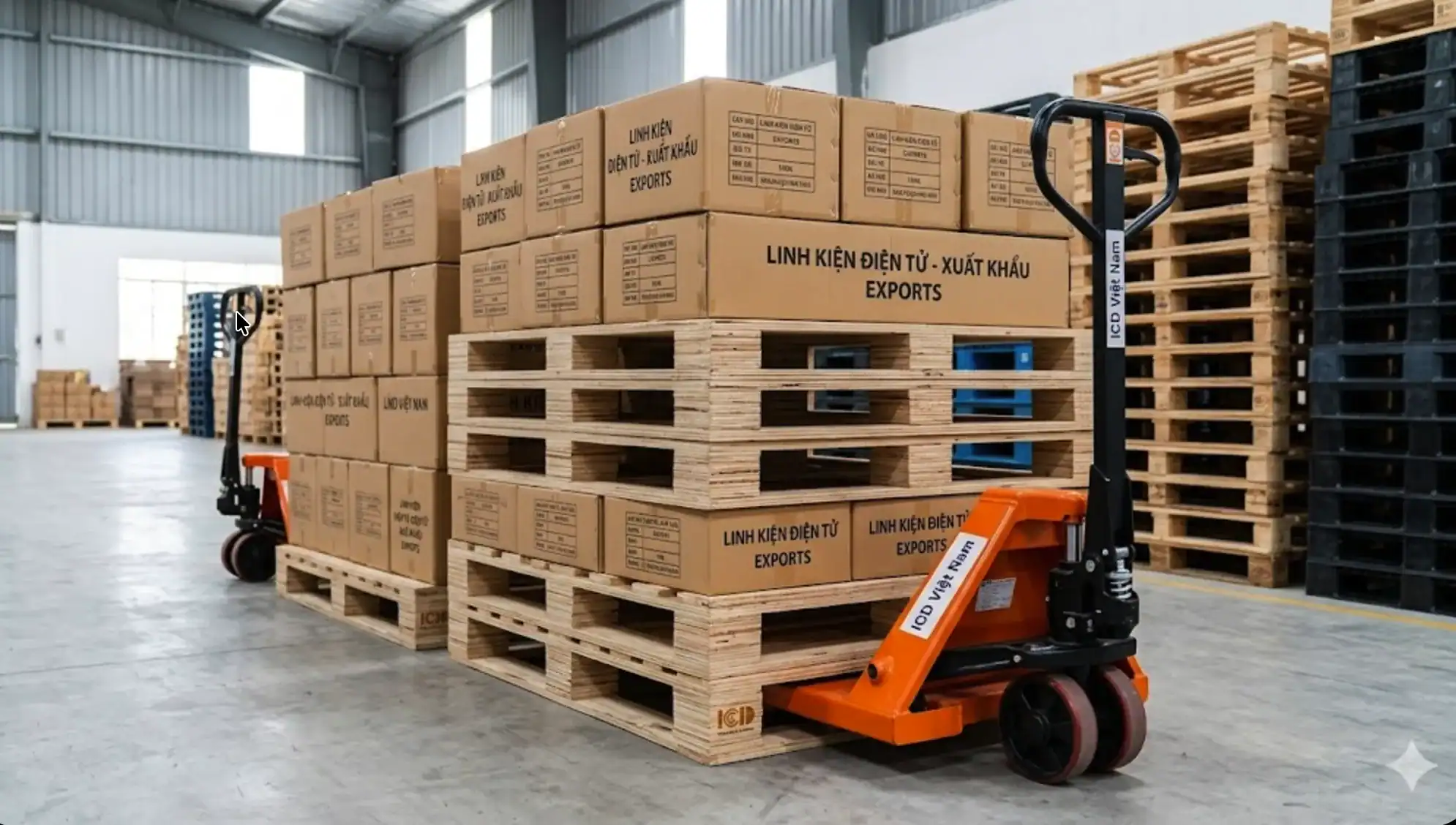 Kho hàng xếp thùng carton linh kiện điện tử xuất khẩu trên pallet gỗ cạnh xe nâng tay