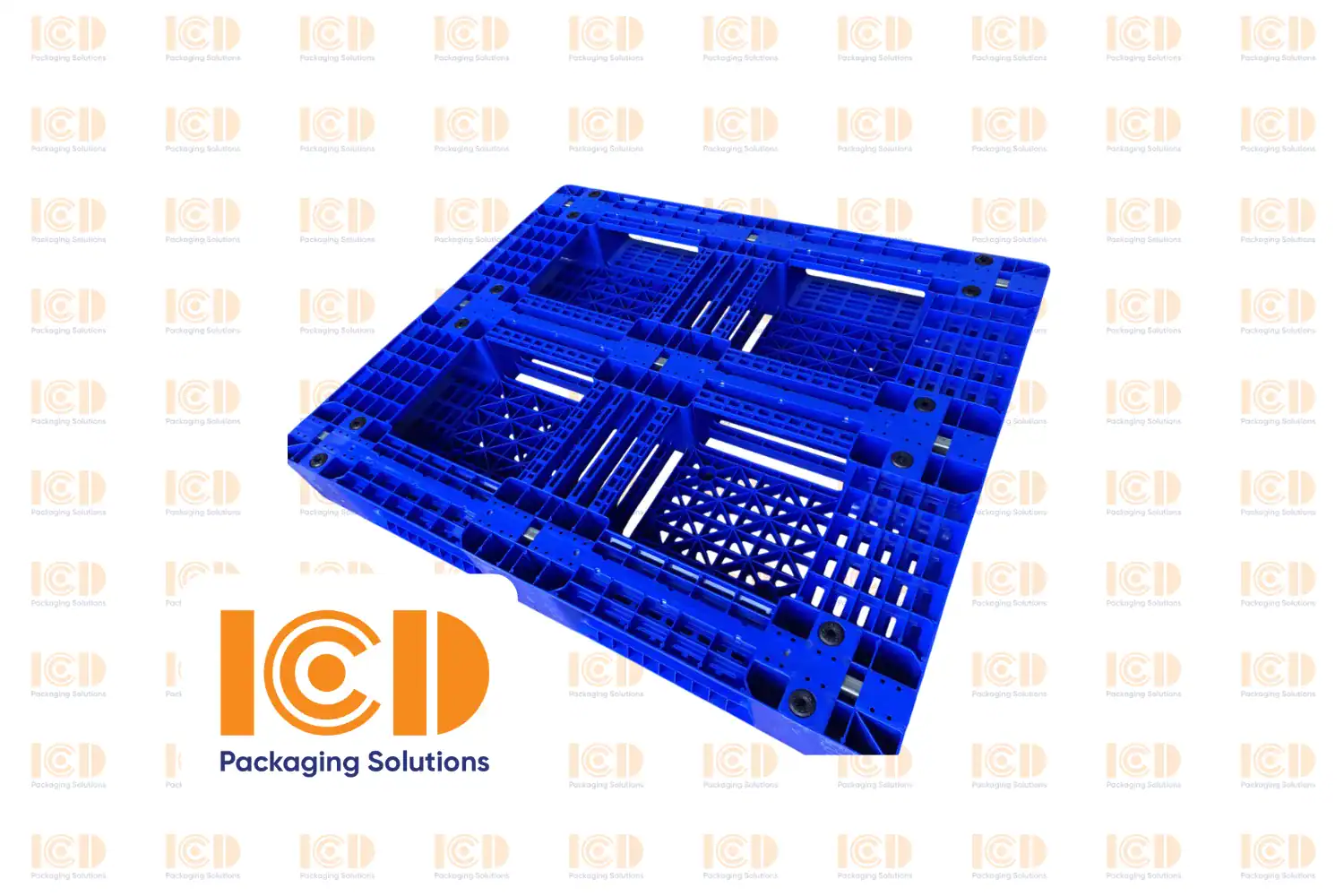 Blue ICD plastic pallet reinforced with steel tubes for heavy-duty racking