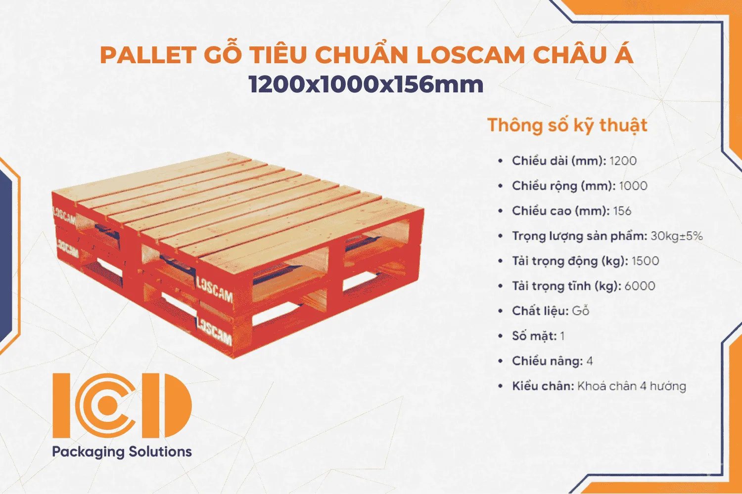Pallet gỗ tiêu chuẩn Loscam Châu Á KT 1200x1000x156mm