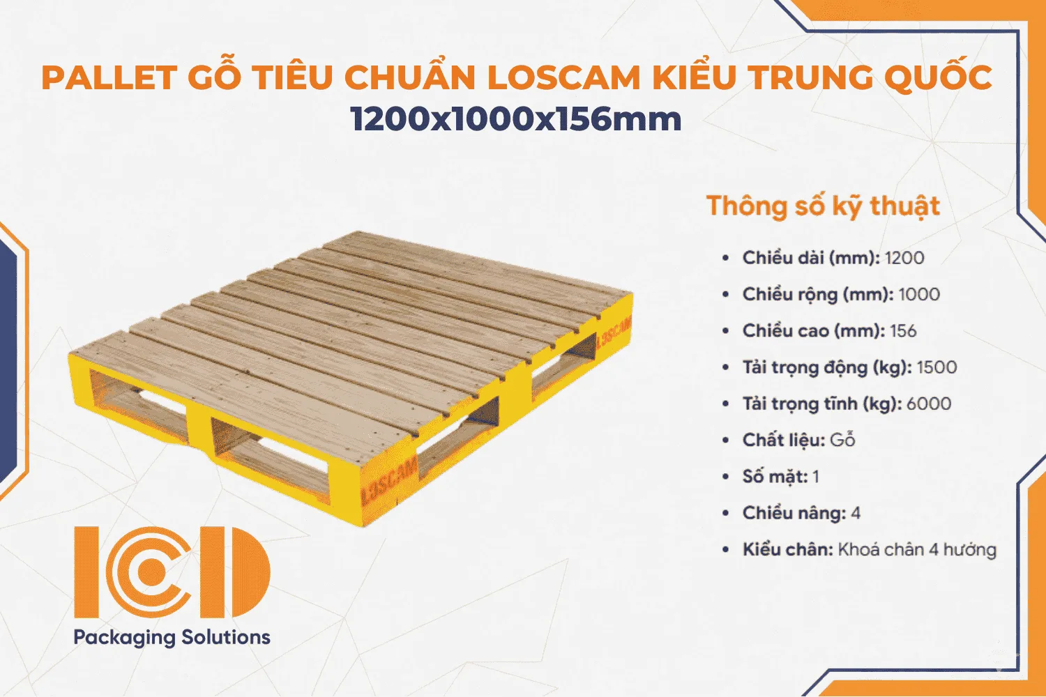 Pallet gỗ tiêu chuẩn Loscam kiểu Trung Quốc KT 1200x1000x156mm