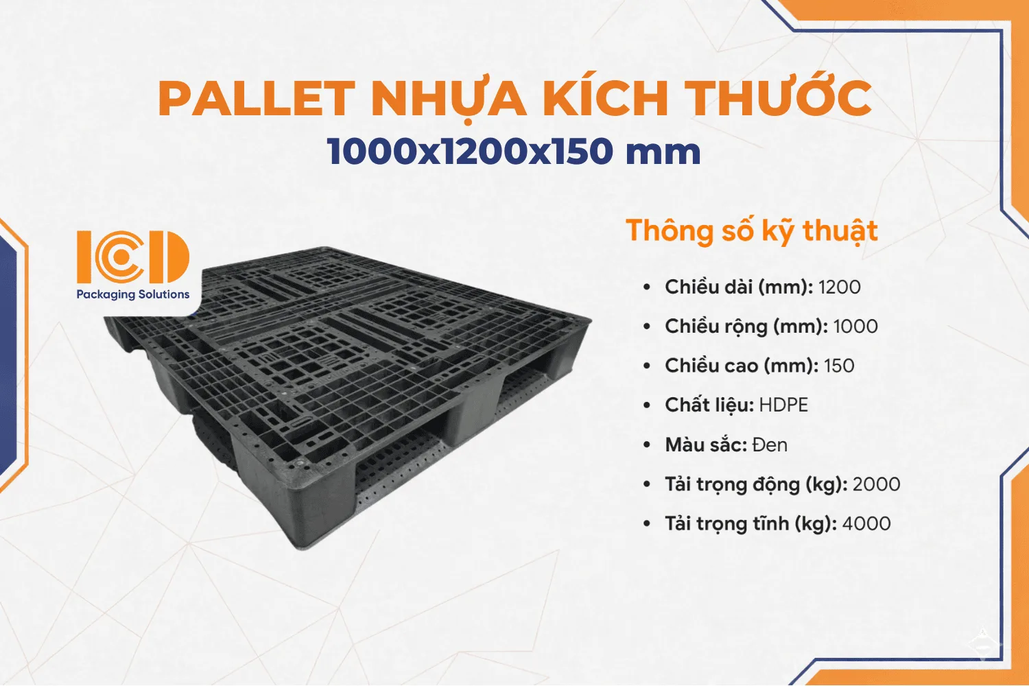 Pallet nhựa xuất khẩu chữ thập màu đen 1000x1200x150 mm