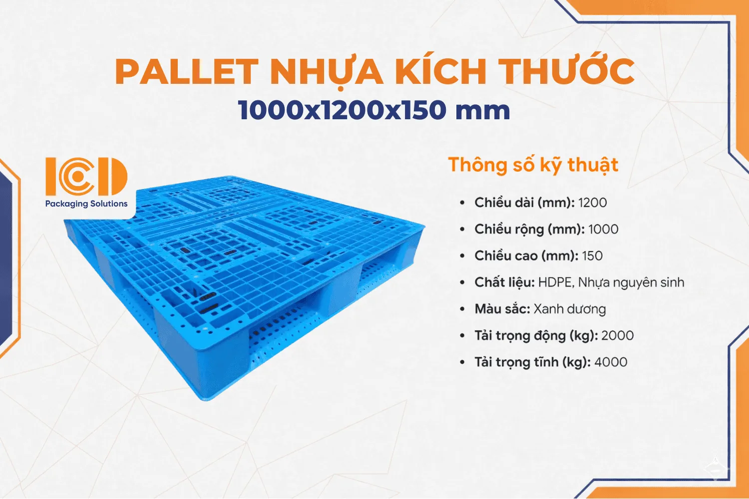 Pallet nhựa xuất khẩu chữ thập 1000x1200x150 mm màu xanh dương