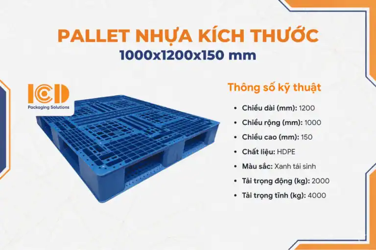 Pallet nhựa HDPE 3 chân 1000x1200x150 mm màu xanh tái sinh, tải động 2000 kg, tải tĩnh 4000 kg