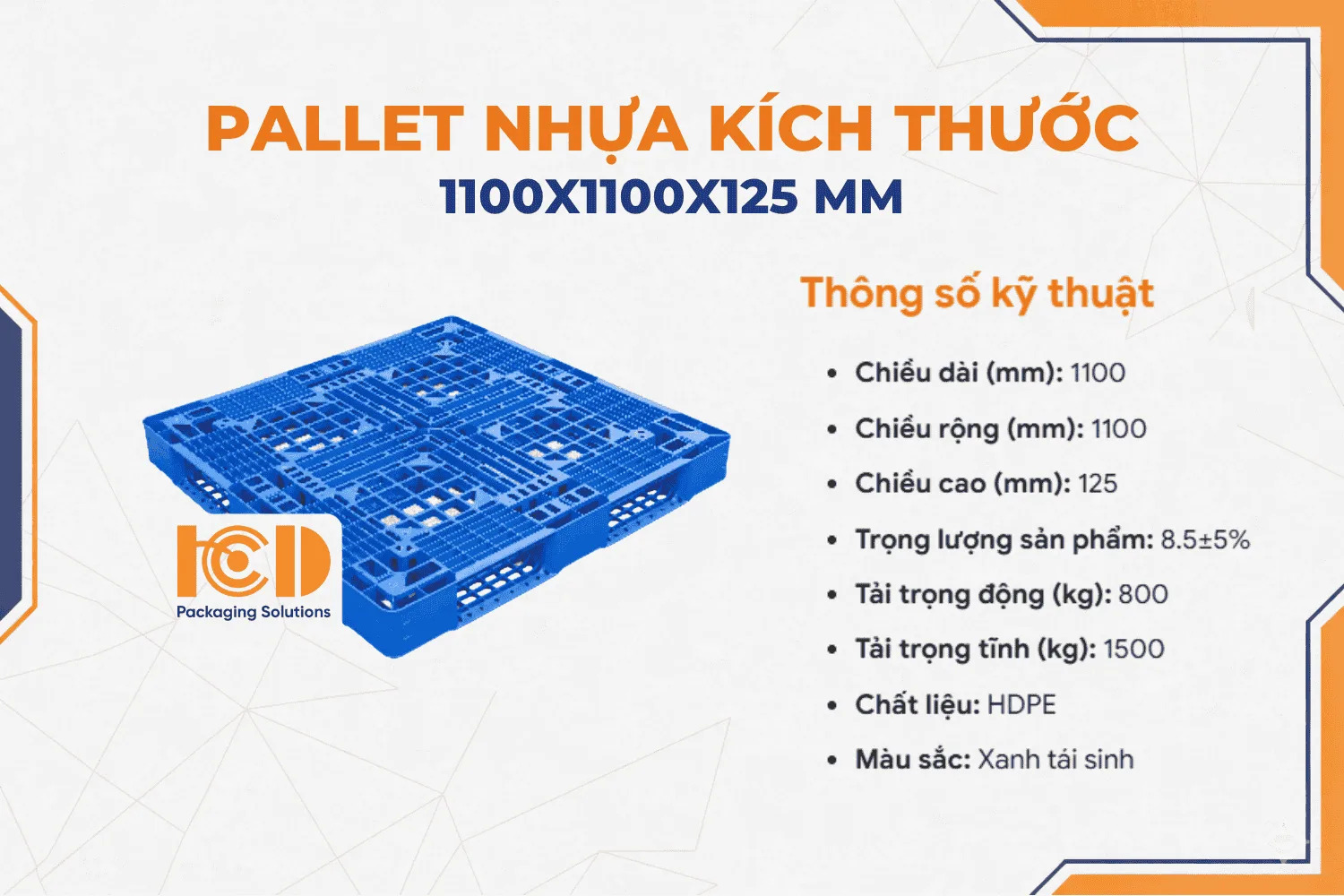 Pallet nhựa kê kho lạnh ICD KT 1100x1100x125 mm màu xanh