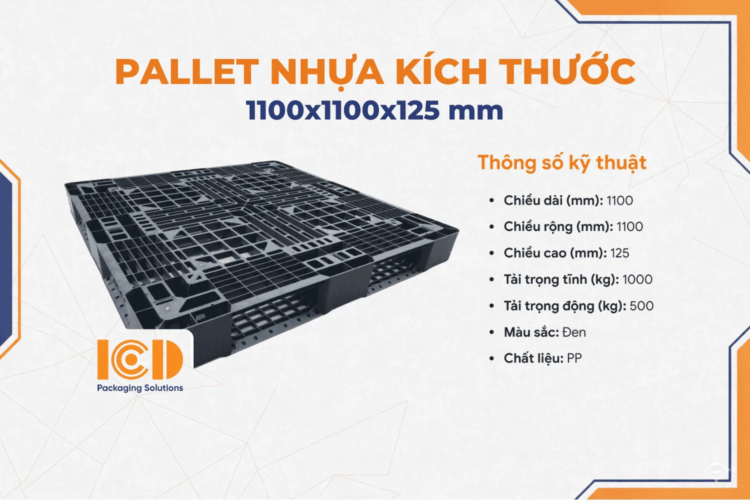 Pallet nhựa xuất khẩu ICD KT 1100x1100x125mm màu đen