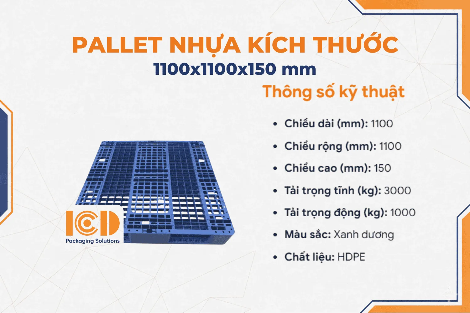 Pallet Nhựa ICD 3 Chân KT 1100x1100x150mm xanh
