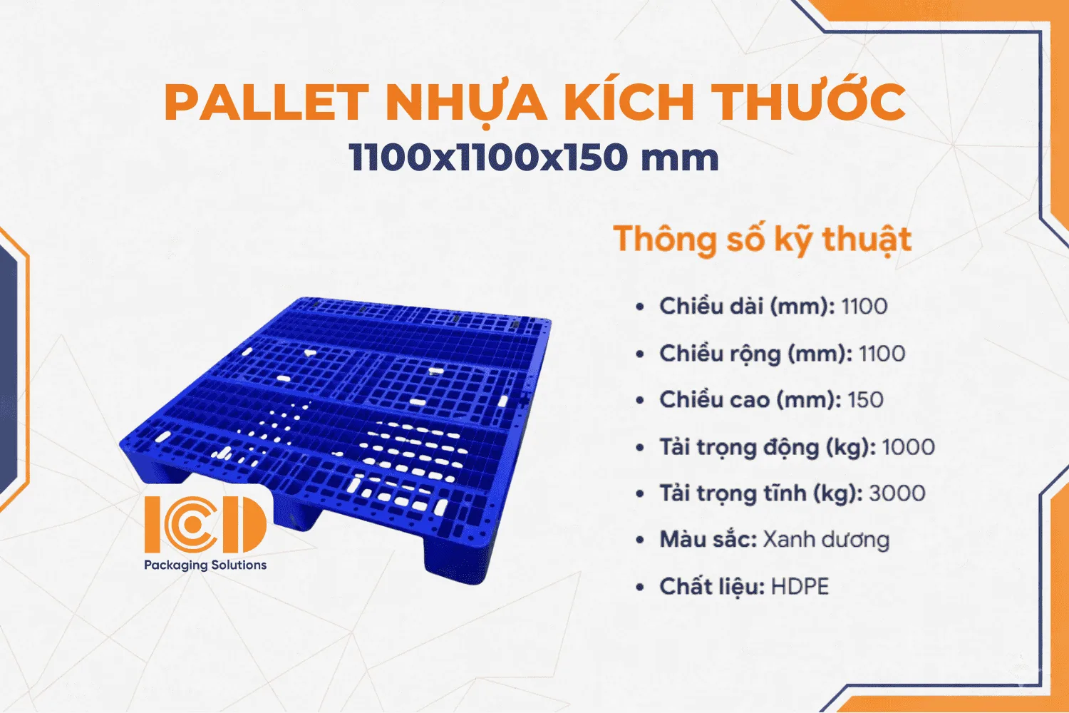 Pallet nhựa ICD 3 chân KT1100x1100x150mm xanh