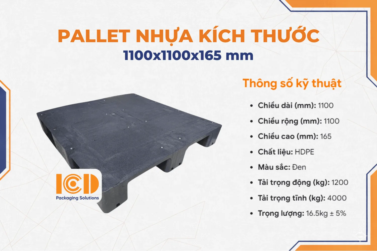 Pallet mặt kín 3 chân ICD KT 1100x1100x165mm đen