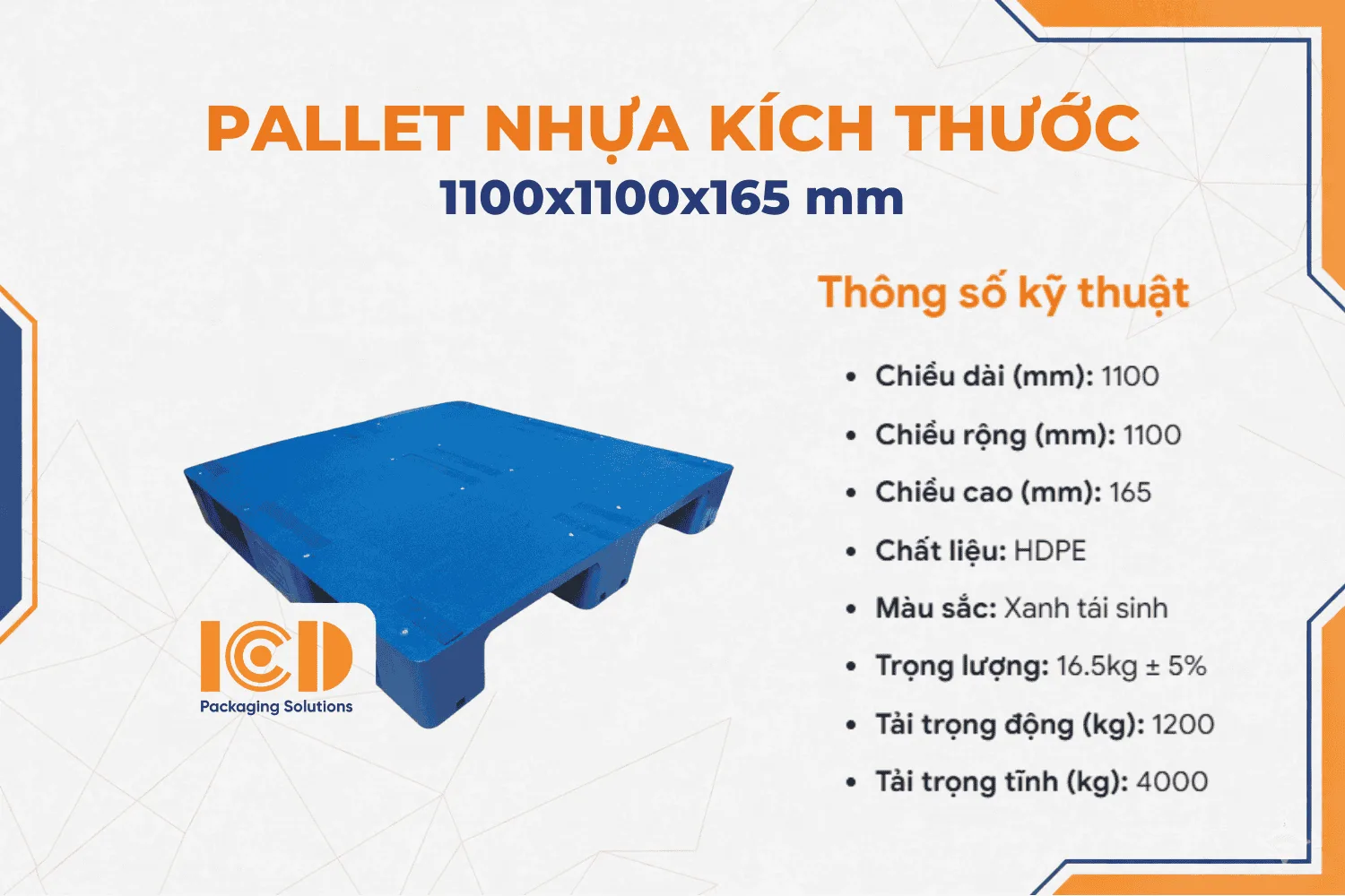 Pallet nhựa mặt kín ICD KT1100x1100x165mm xanh tái sinh