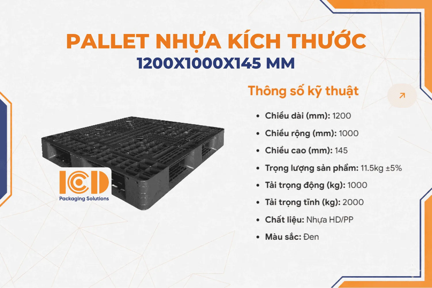 Pallet nhựa kê kho lạnh ICD KT 1200x1000x145 mm màu đen