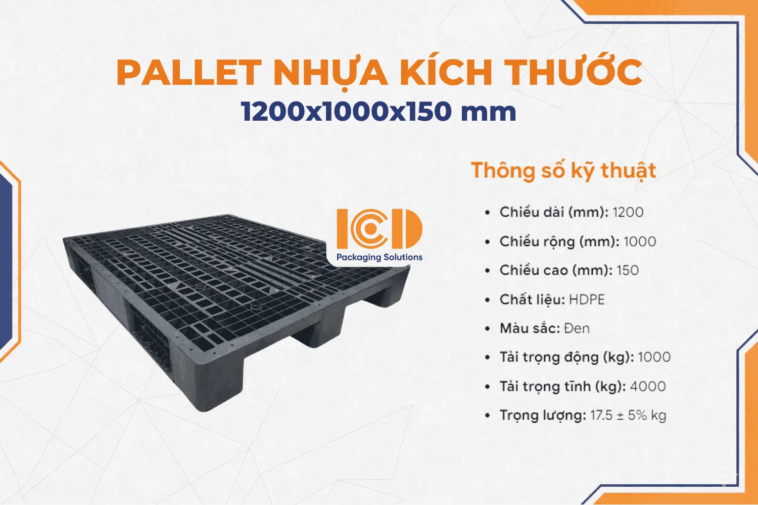 Pallet 3 Chân ICD KT 1000x1200x150mm đen