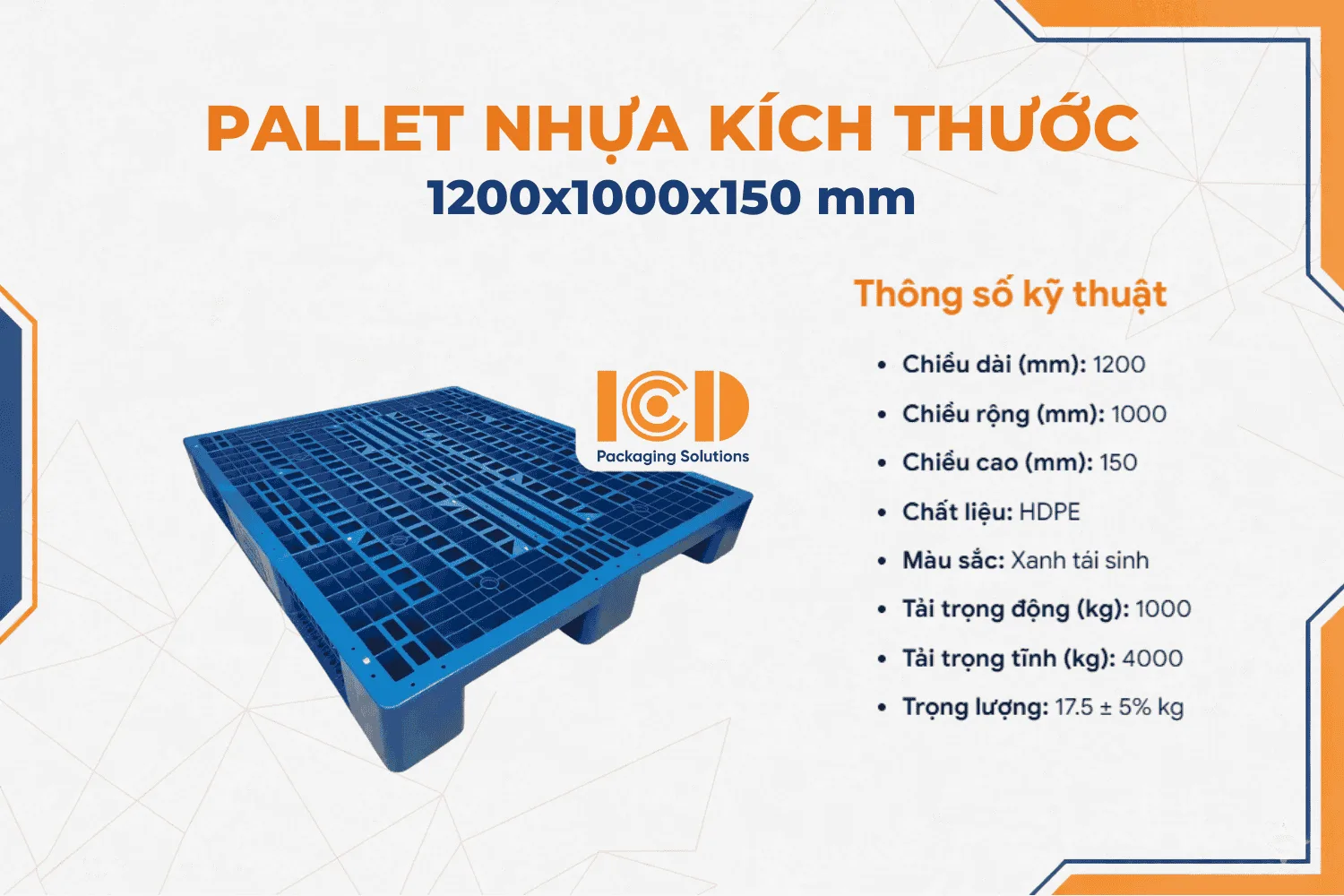 Pallet Nhựa 3 Chân ICD KT1000x1200x150mm xanh tái sinh