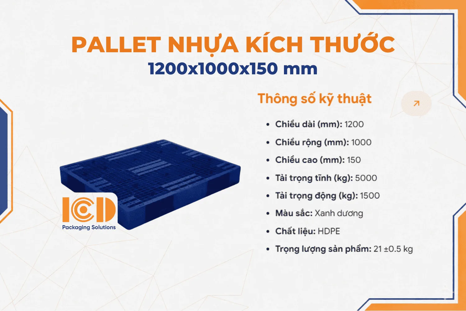 Pallet nhựa kê kho lạnh ICD KT 1200x1000x150 mm màu xanh tải trọng 5000 kg