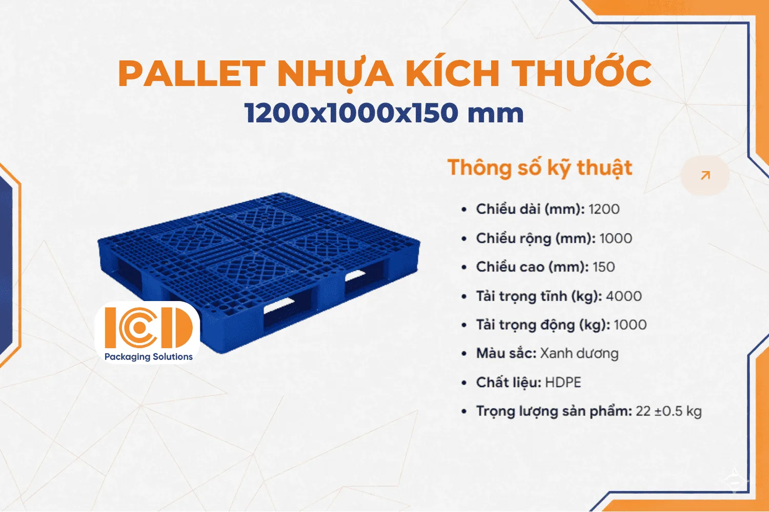 Pallet nhựa kê kho LK ICD KT 1200x1000x150 mm xanh dương