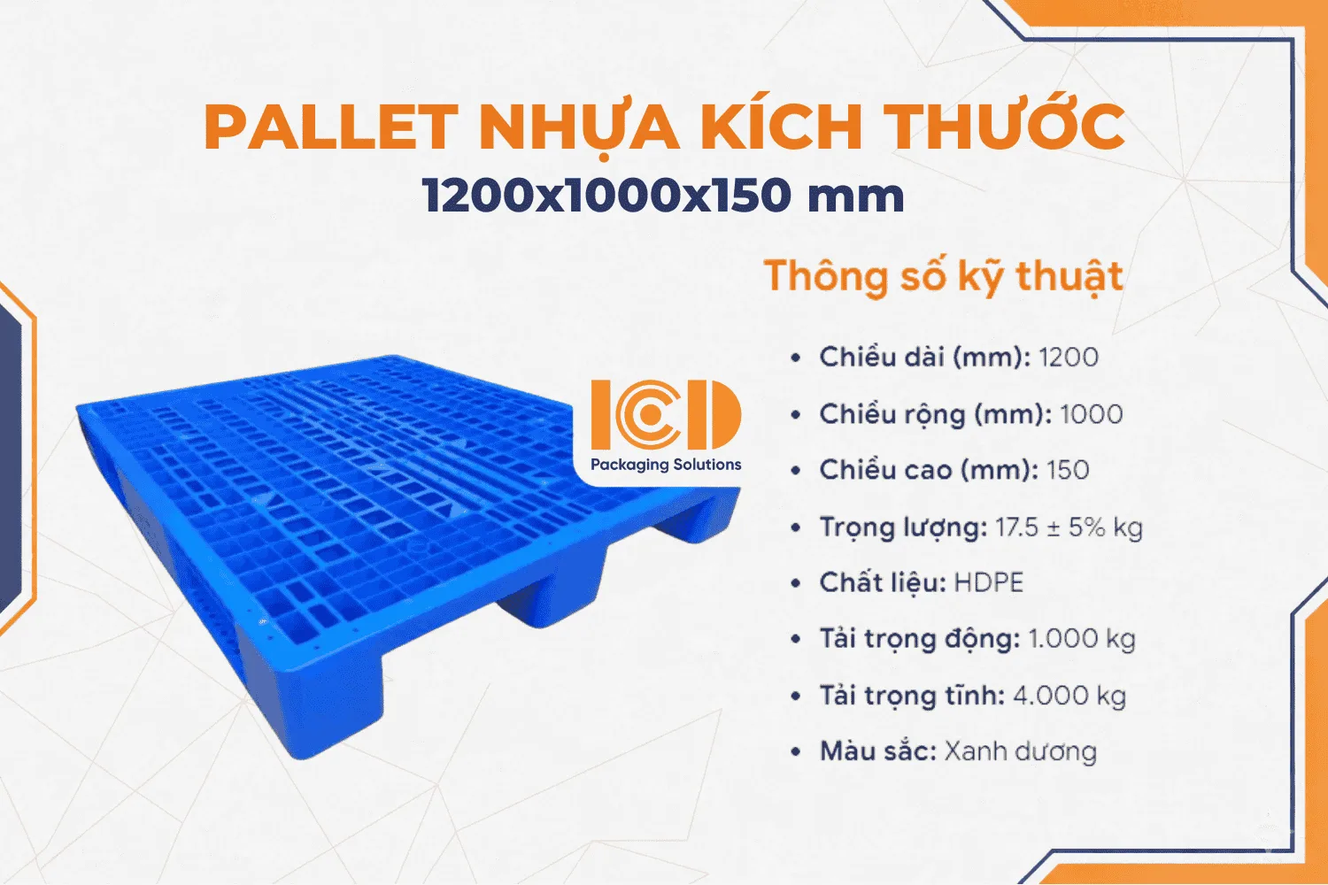 Pallet Nhựa 3 Chân kích thước 1000x1200x150 mm xanh dương