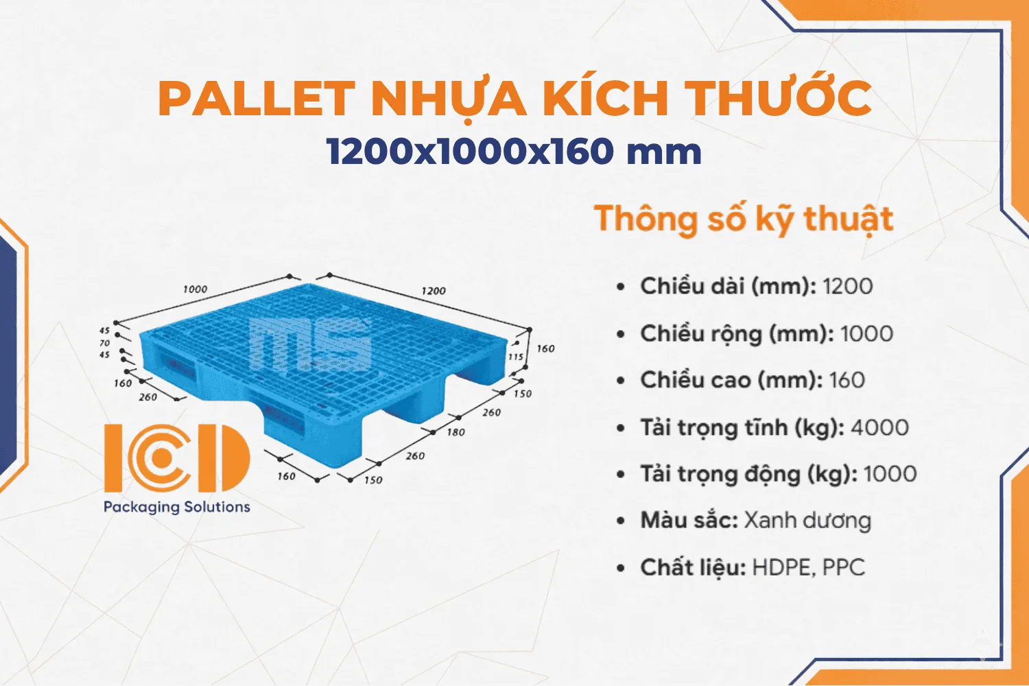 Pallet nhựa kê kho ICD KT 1200x1000x160 mm