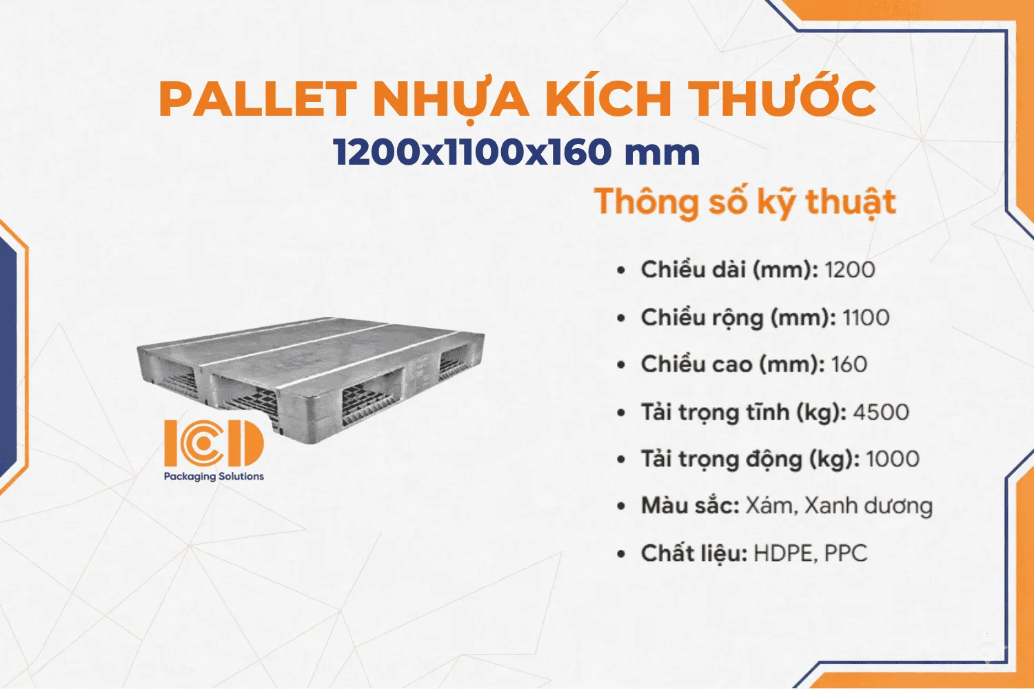 Pallet nhựa kê kho ICD KT1200x1100x160 mm