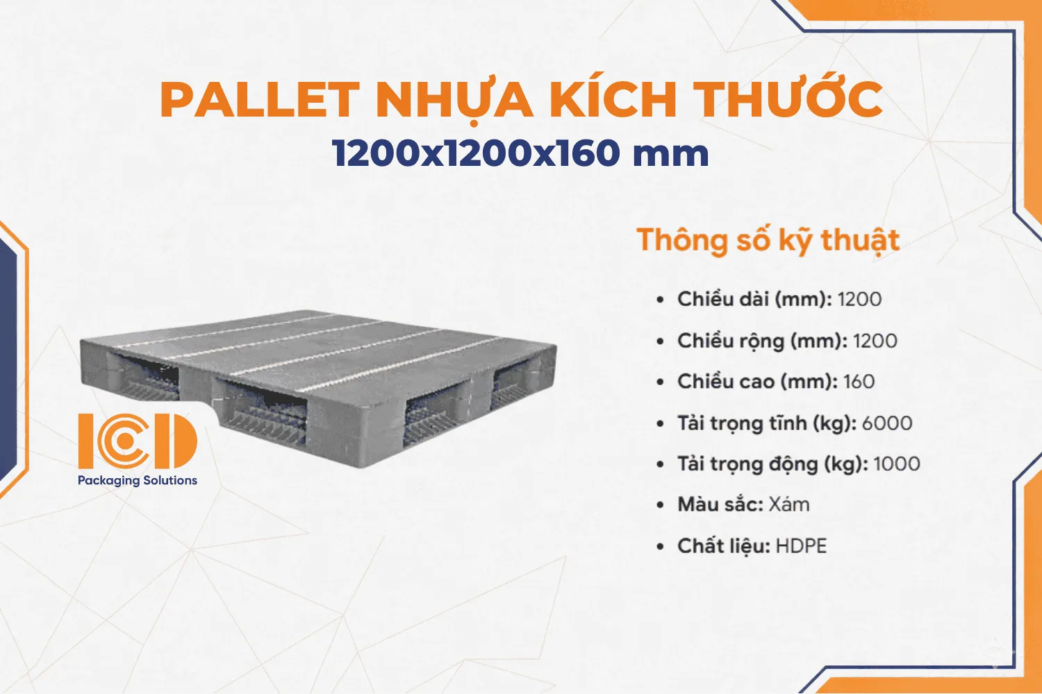 Pallet nhựa ICD KT 1200x1200x160 mm giá rẻ H1212D4-1A