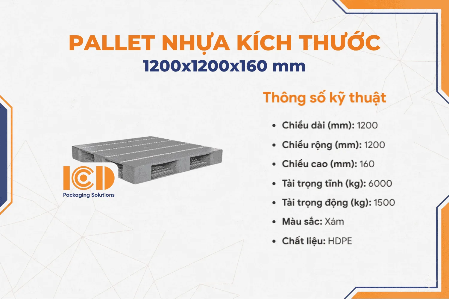 Pallet nhựa ICD KT 1200x1200x160 mm giá rẻ H1212R4-1A