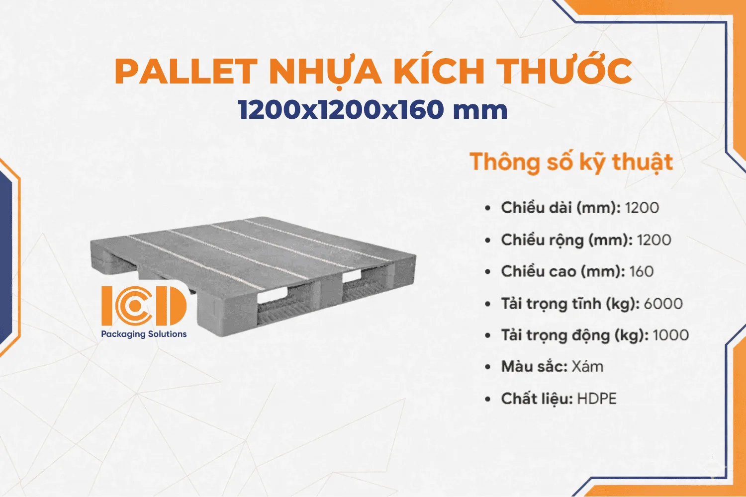 Pallet nhựa ICD KT 1200x1200x160 mm giá rẻ H1212S4-1A