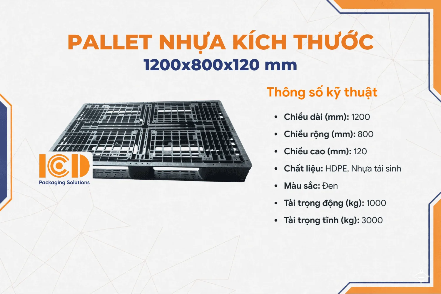 Pallet nhựa liền khối xuất khẩu 1200x800x120 mm màu đen