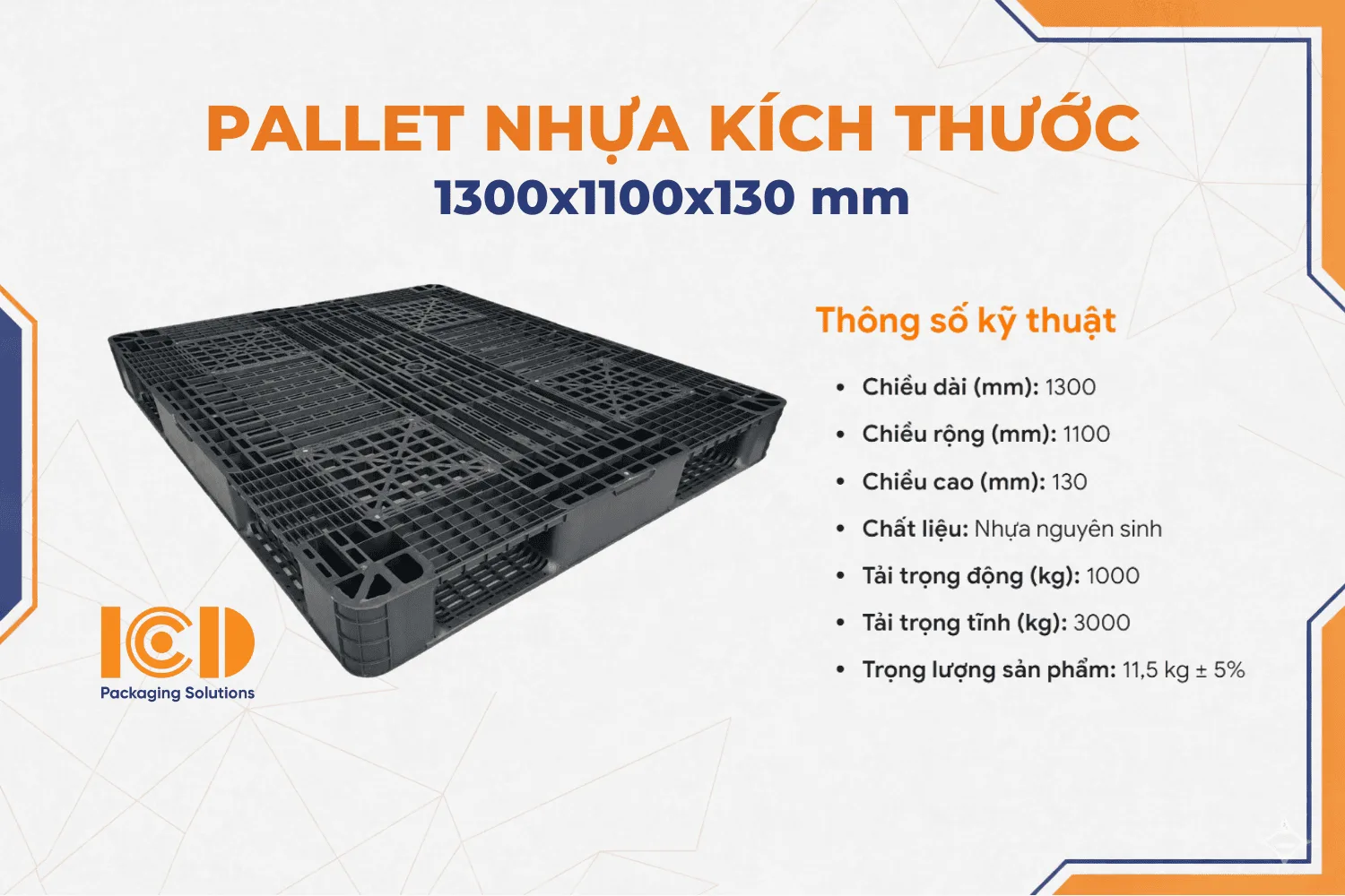 Pallet nhựa xuất khẩu màu đen ICD KT 1300x1100x130 mm