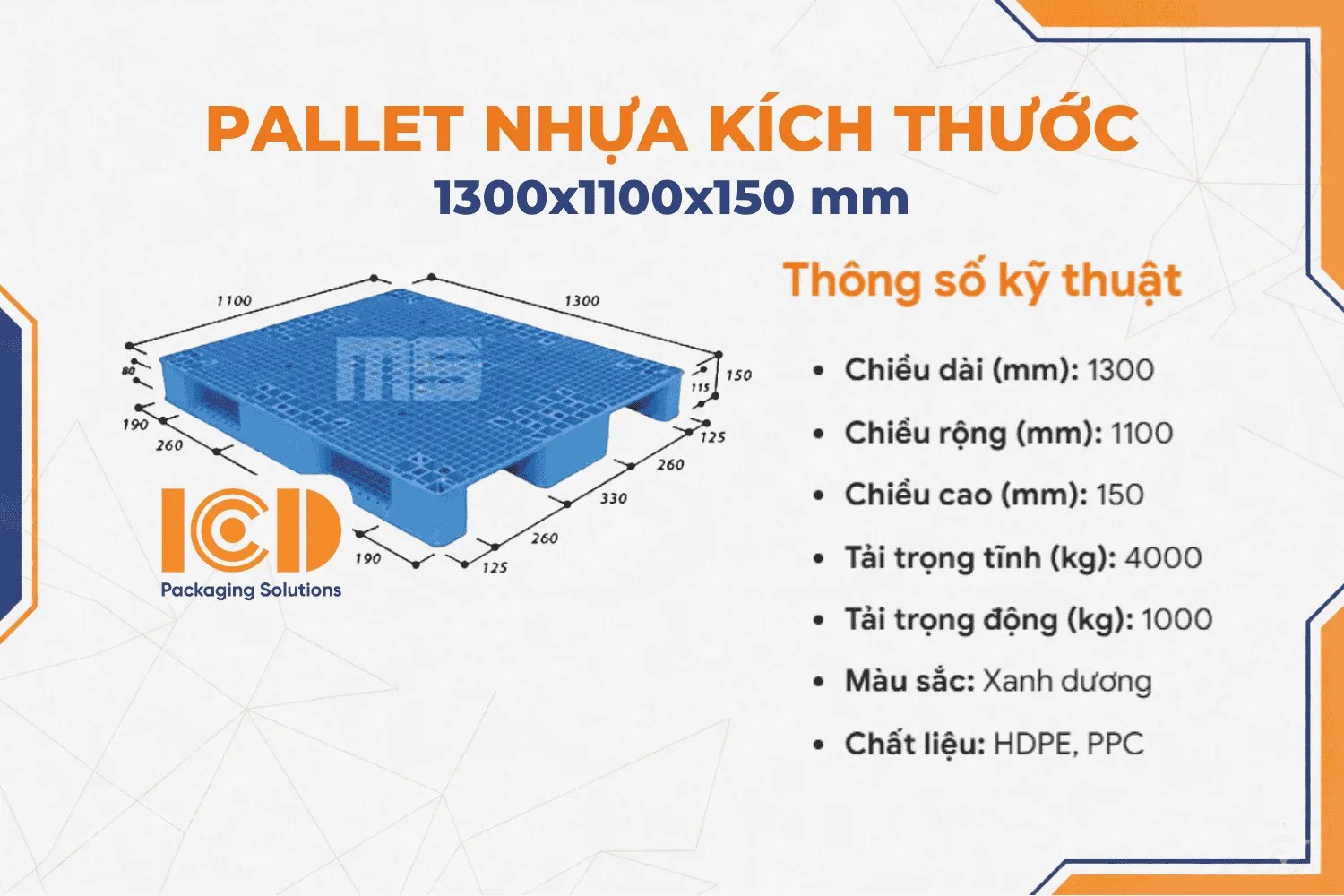 Pallet nhựa kê kho ICD KT1300x1100x150 mm