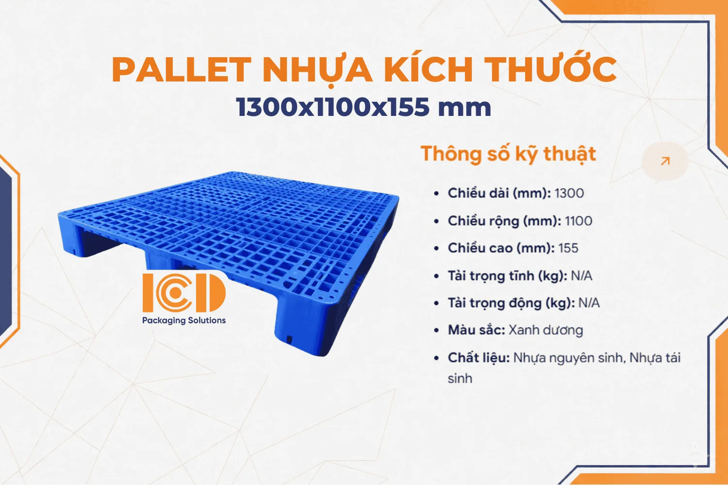 Pallet 3 chân ICD KT1300x1100x155mm xanh