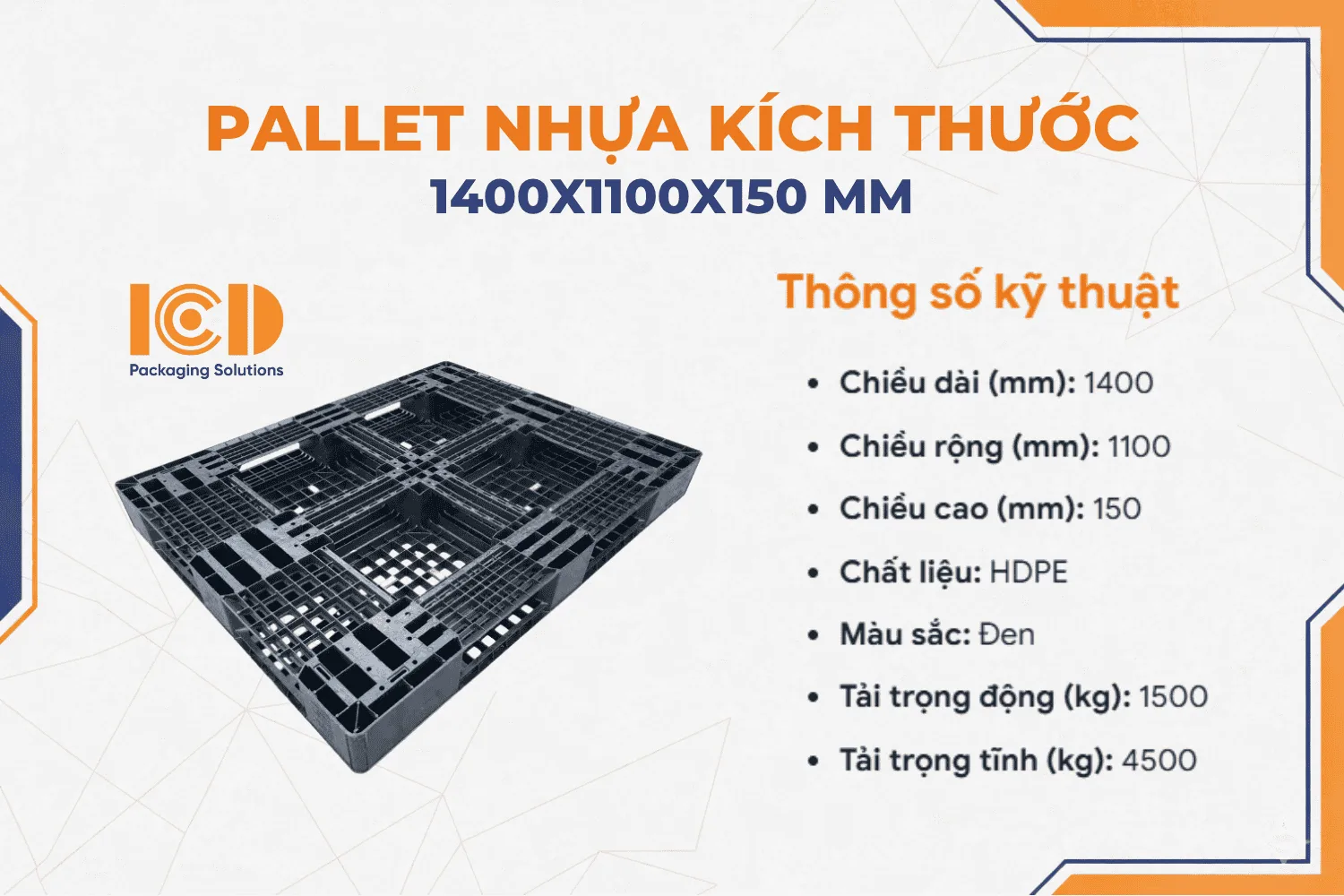Pallet nhựa kê kho KT 1400x1100x150 mm