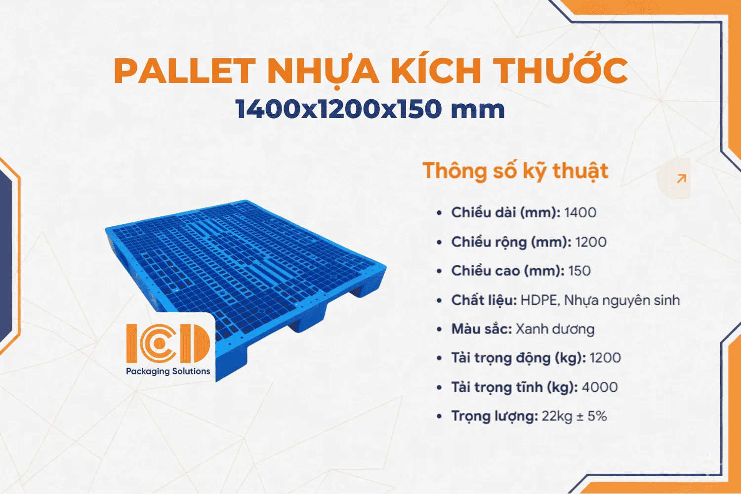 Pallet nhựa 3 chân ICD KT 1200x1400x150mm xanh