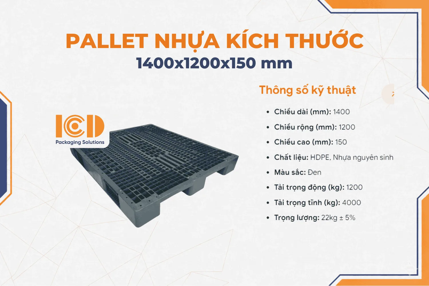 Pallet nhựa 3 chân ICD KT 1200x1400x150mm đen