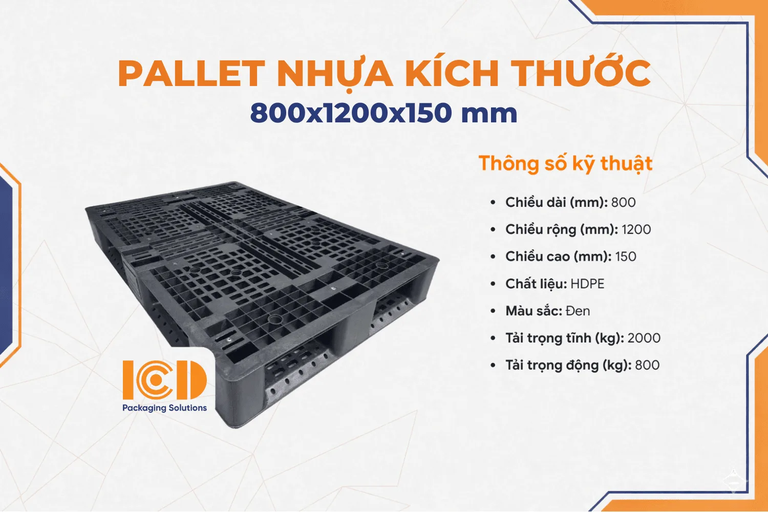 Pallet nhựa xuất khẩu chữ thập mẫu mới 800x1200x150 mm màu đen