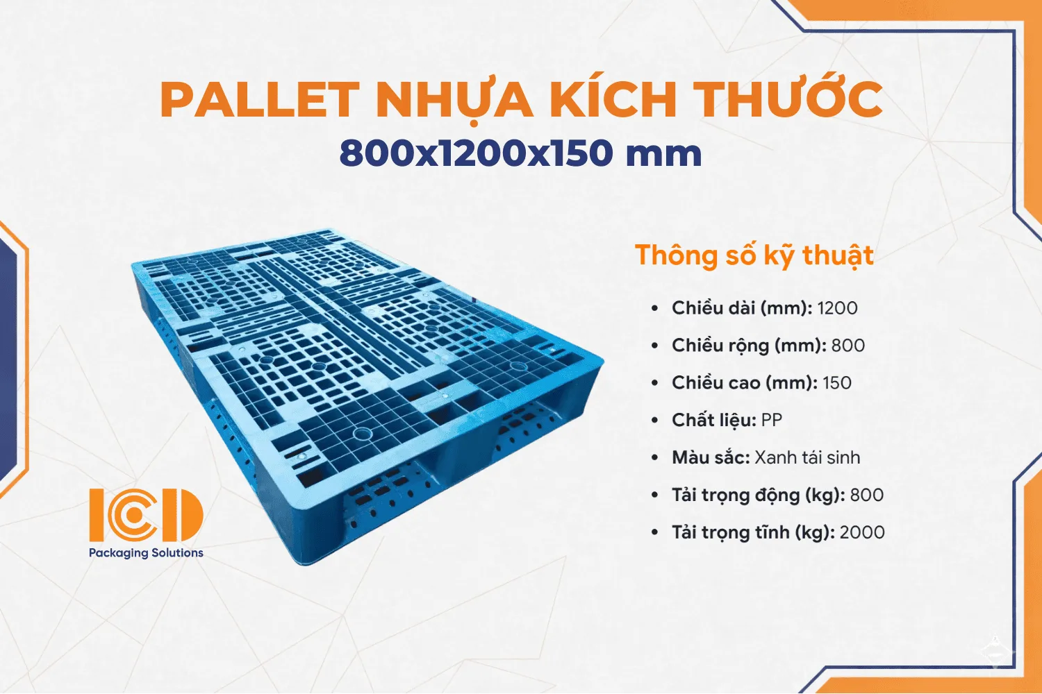 Pallet nhựa xuất khẩu chữ thập mẫu mới 800x1200x150 mm màu xanh tái sinh