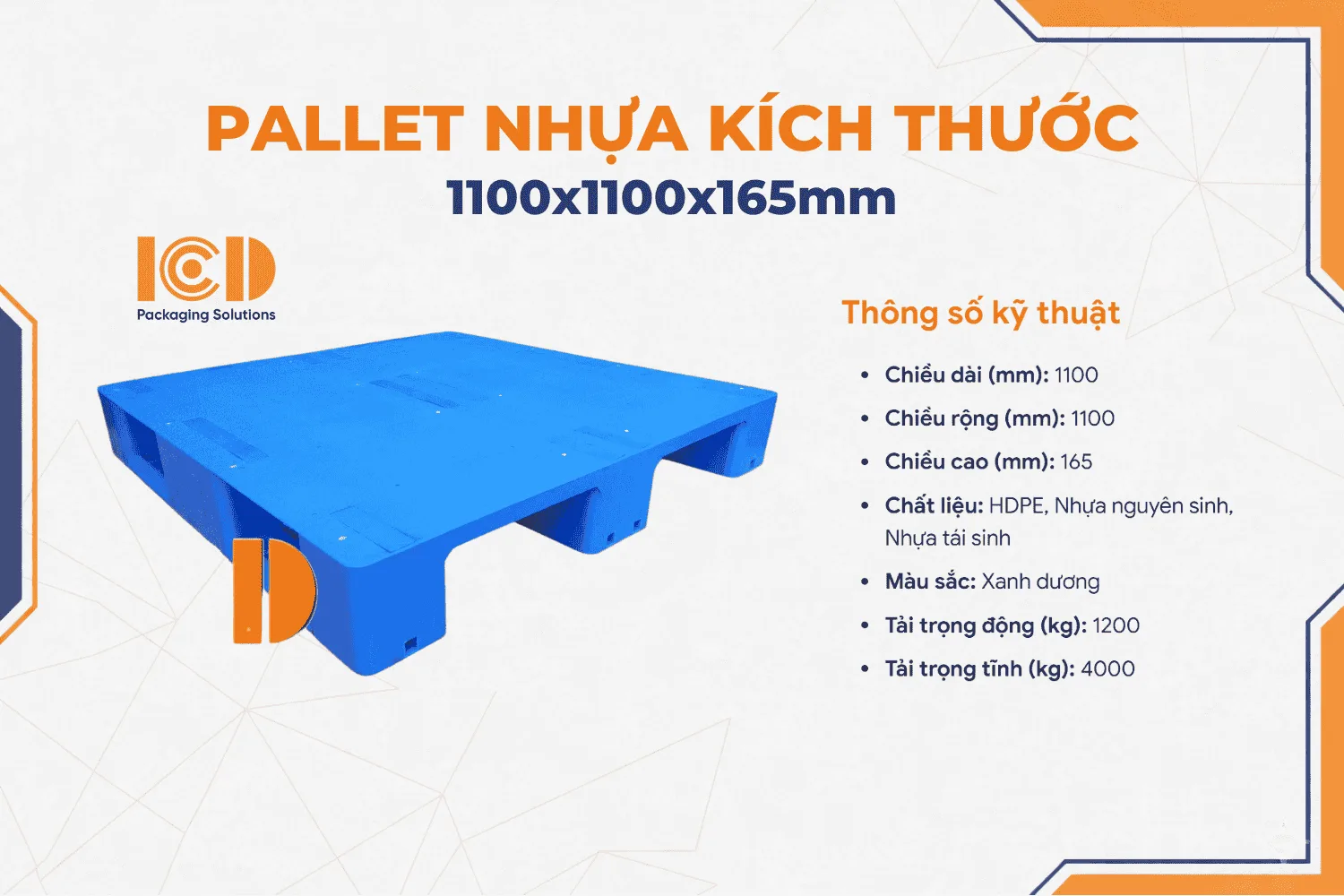 Pallet nhựa mặt kín ICD KT1100x1100x165mm xanh