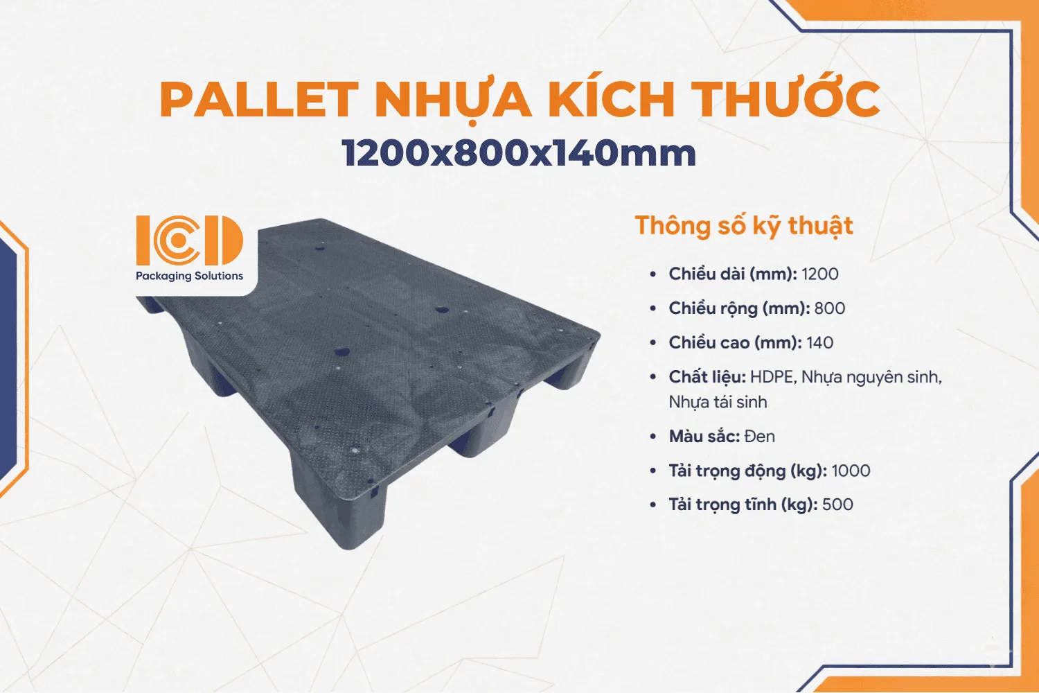 Pallet 9 chân gù mặt bít ICD KT1200x800x140mm màu đen