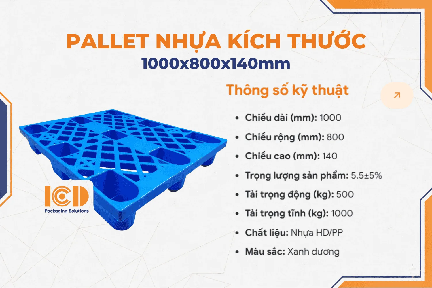 Pallet nhựa cốc ICD KT 1000x800x140mm xanh dương