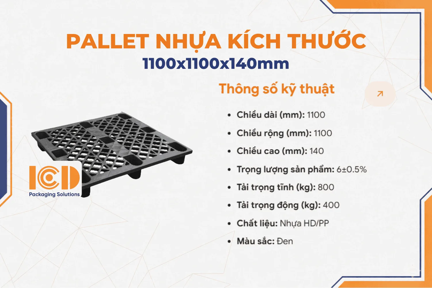 Pallet nhựa cốc ICD KT 1100x1100x140mm đen