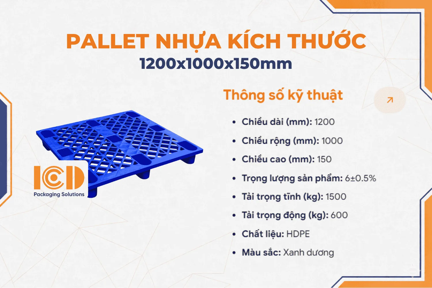 Pallet nhựa cốc ICD KT 1200x1000x145mm xanh dương