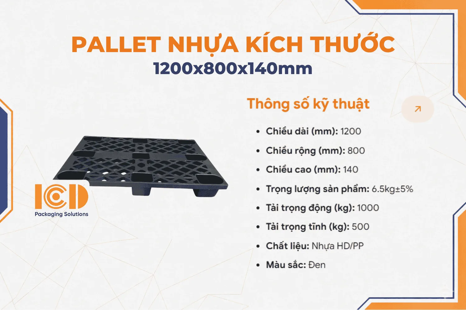 Pallet nhựa cốc ICD KT 800x1200x140mm đen