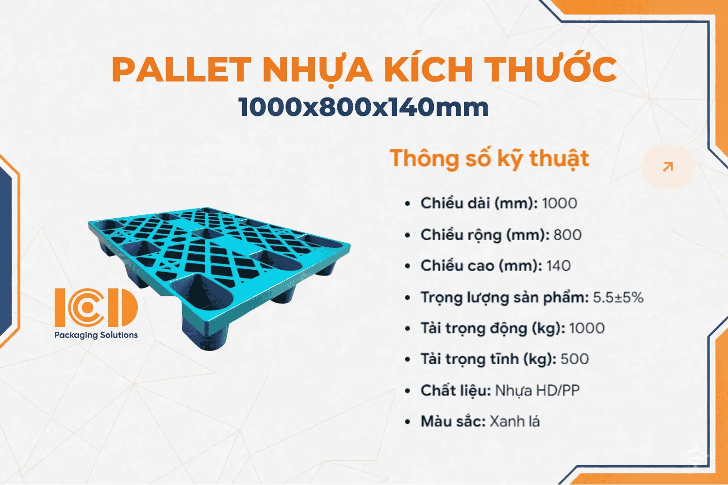 Pallet nhựa cốc ICD KT 1000x800x140mm xanh lá