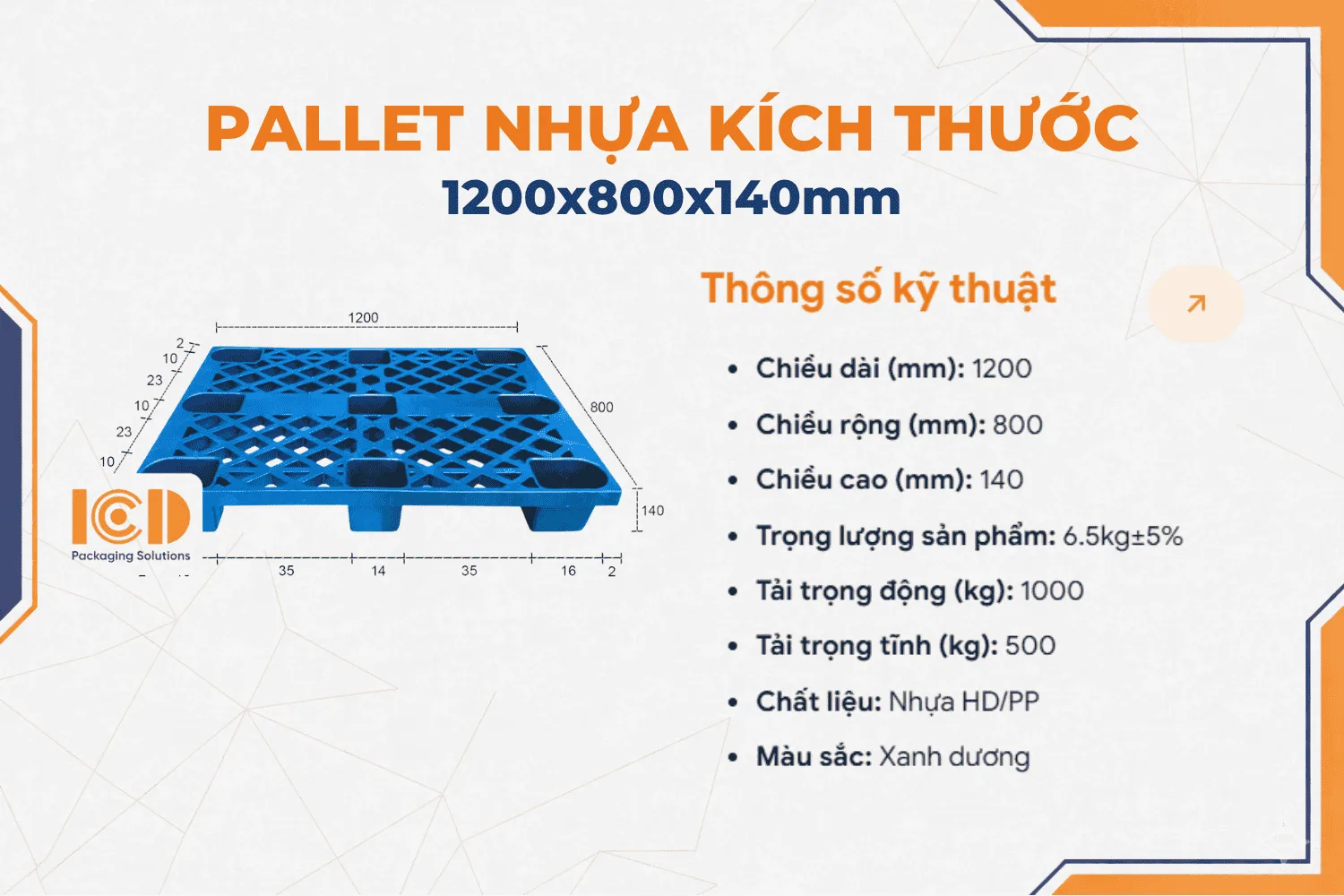 Pallet nhựa cốc ICD KT 800x1200x140mm xanh