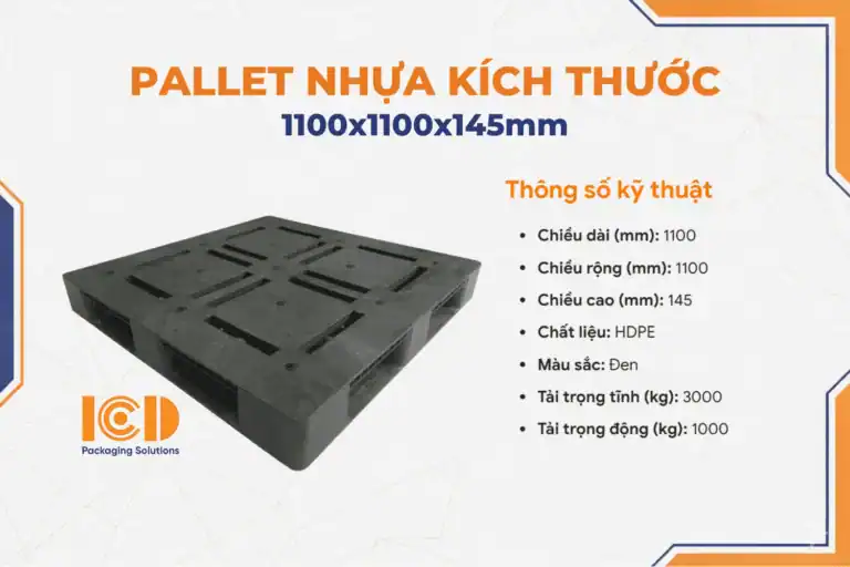 Pallet nhựa mặt đá cũ 1100x1100x145 mm HDPE màu đen, tải tĩnh 3000 kg, tải động 1000 kg
