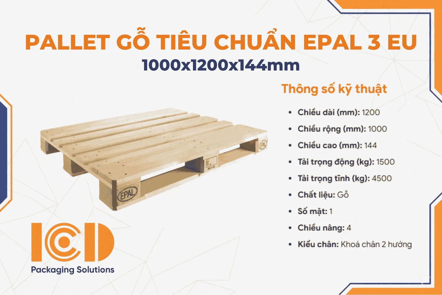 Pallet gỗ tiêu chuẩn EPAL 3 EU KT 1000x1200x144mm