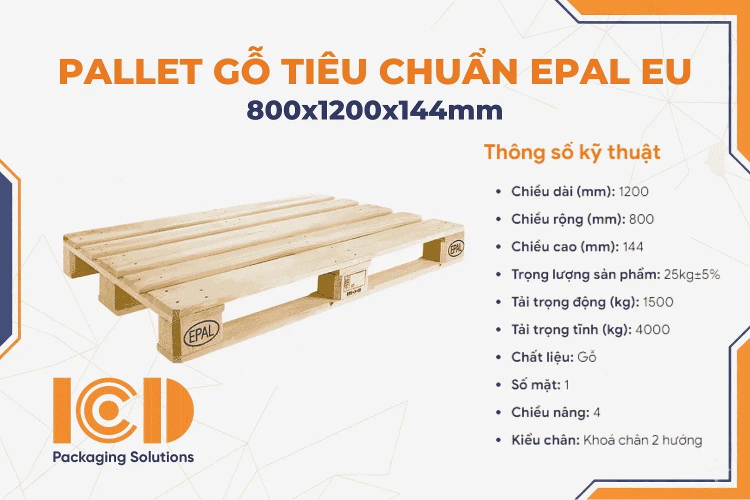 Pallet gỗ tiêu chuẩn EPAL EU KT 800x1200x144mm