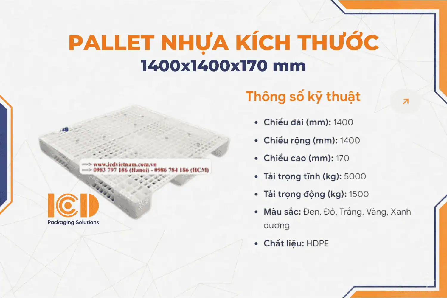 Pallet nhựa 3 chân KT 1400x1400x170mm