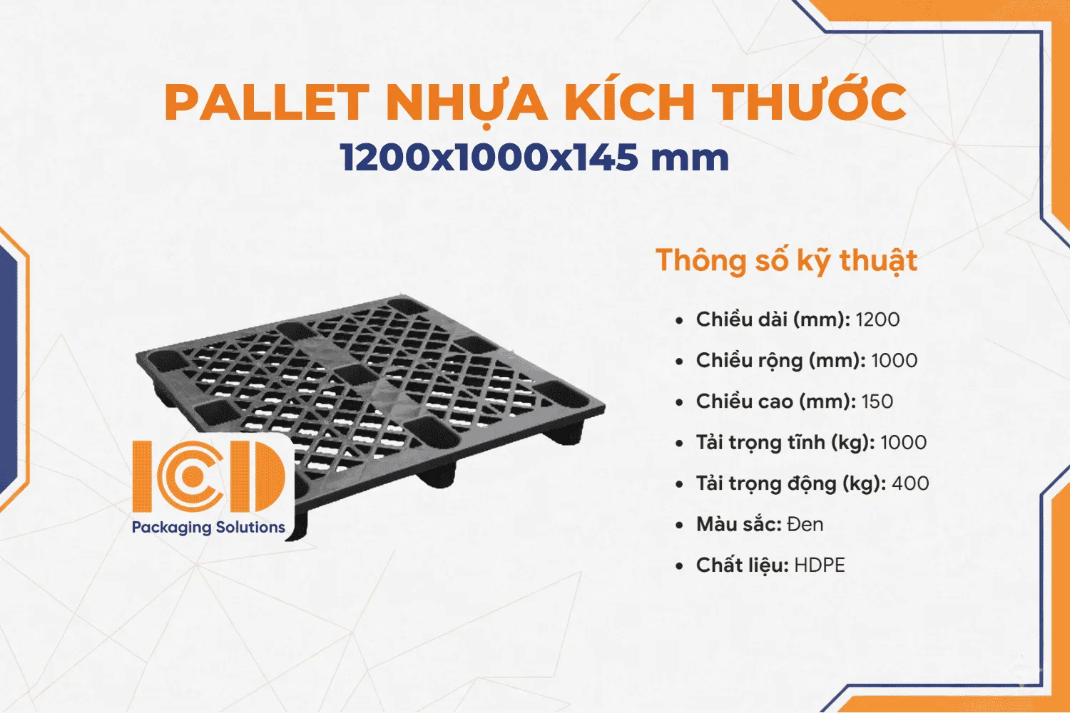 Pallet nhựa cốc ICD KT 1200x1000x145 mm Đen