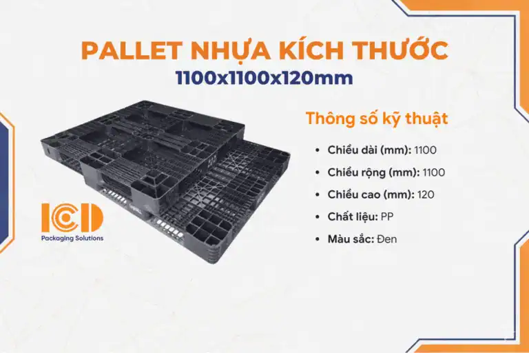 Pallet nhựa cũ ICD 1100x1100x120 mm màu đen, chất liệu PP
