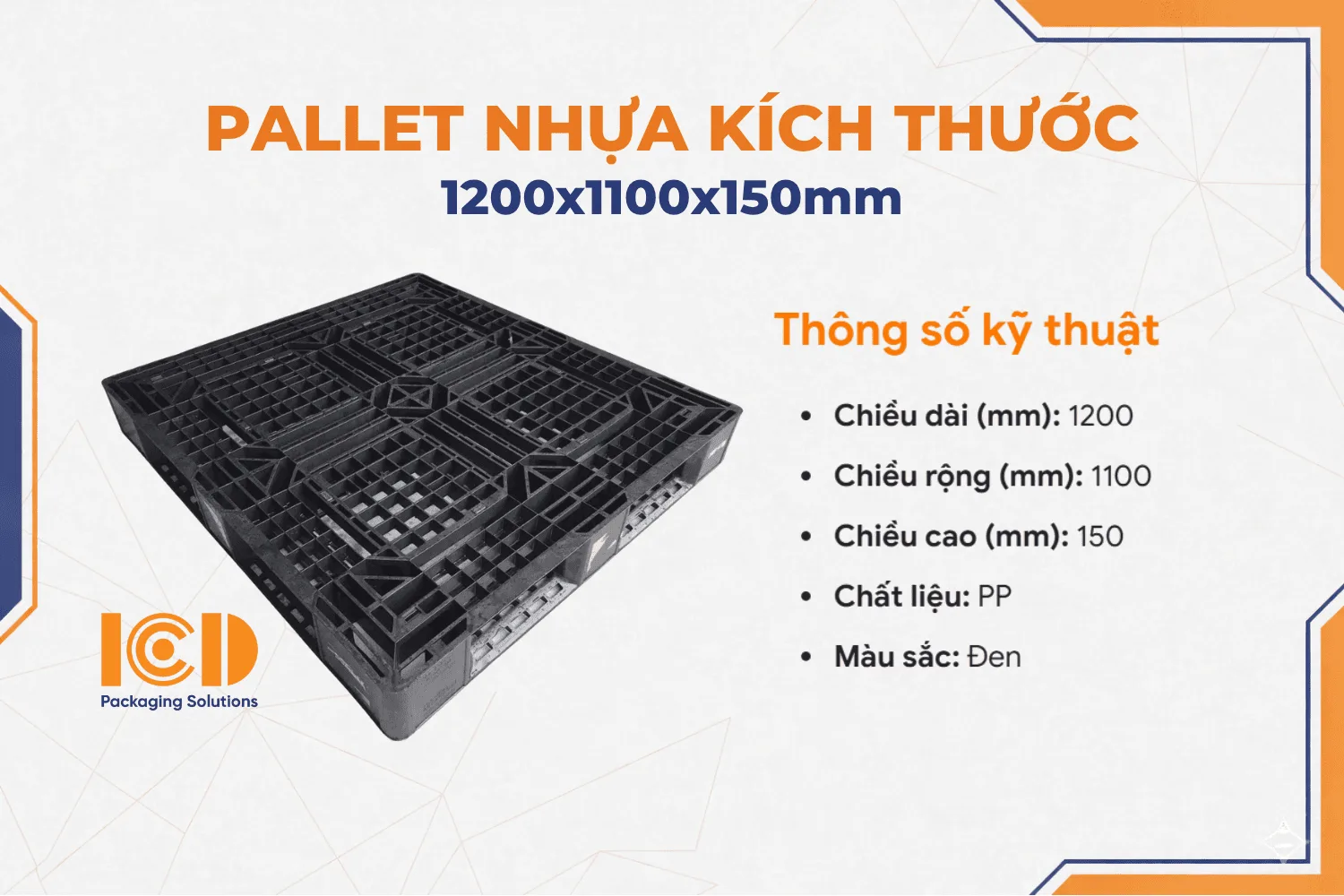 Pallet nhựa cũ ICD KT1200x1100x150mm đen giá rẻ