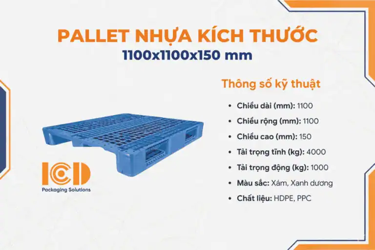 Pallet nhựa kê kho lạnh HDPE PPC 1100x1100x150 mm màu xanh dương, tải tĩnh 4000 kg, tải động 1000 kg